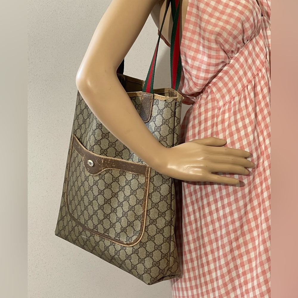 Authentic GUCCI Web Sherry Line Shoulder Tote Bag PVC Leather Brown